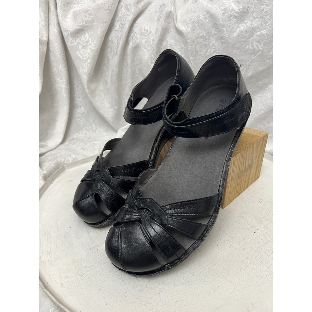 Aravon Black Leather Mary Jane Wedge Sandals AAL10BK Women 11D Wide Comfort